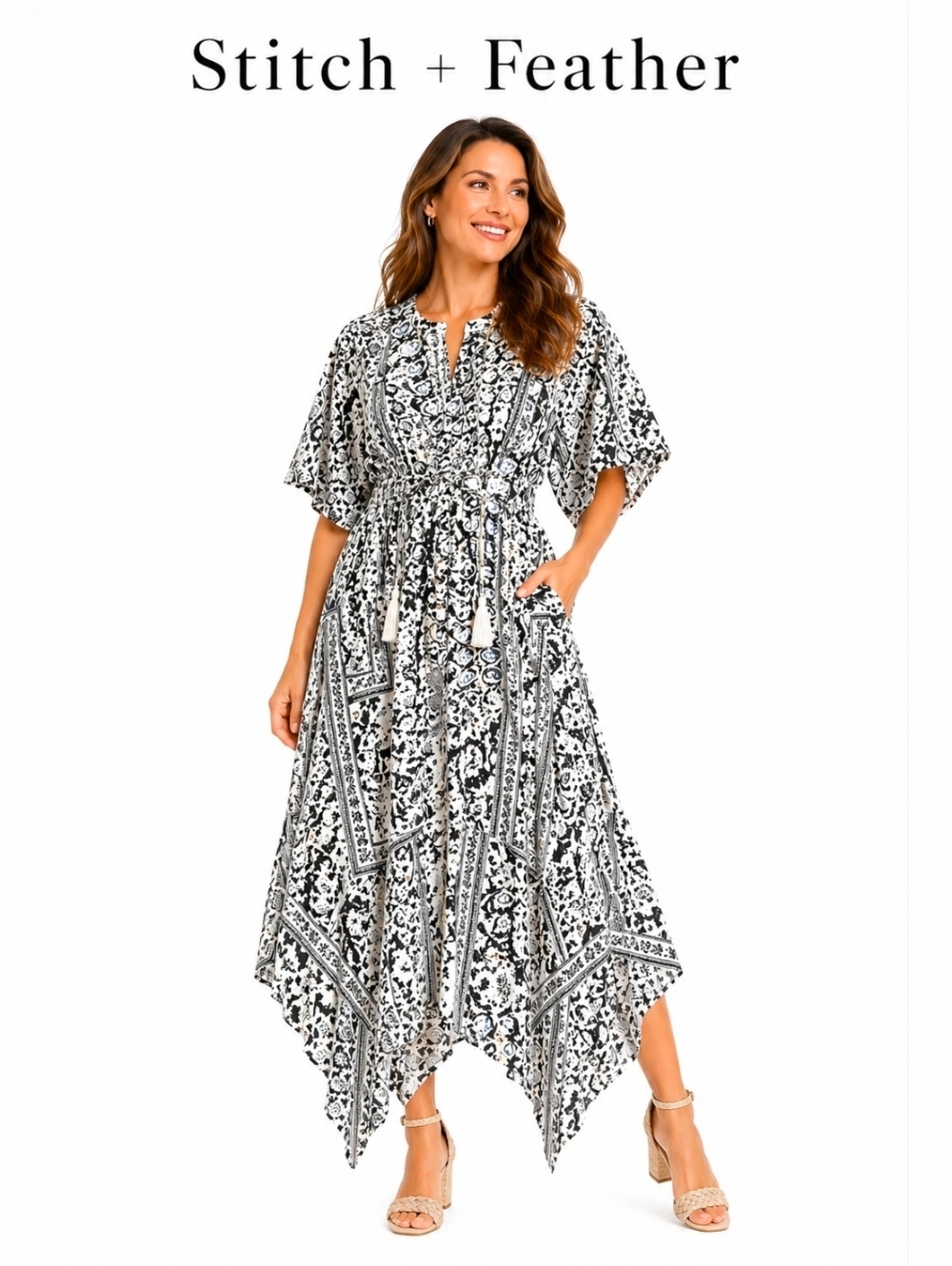 Stitch + Feather Black & White Printed V-Neck Midi Dress Hankerchief Hem, M Boho